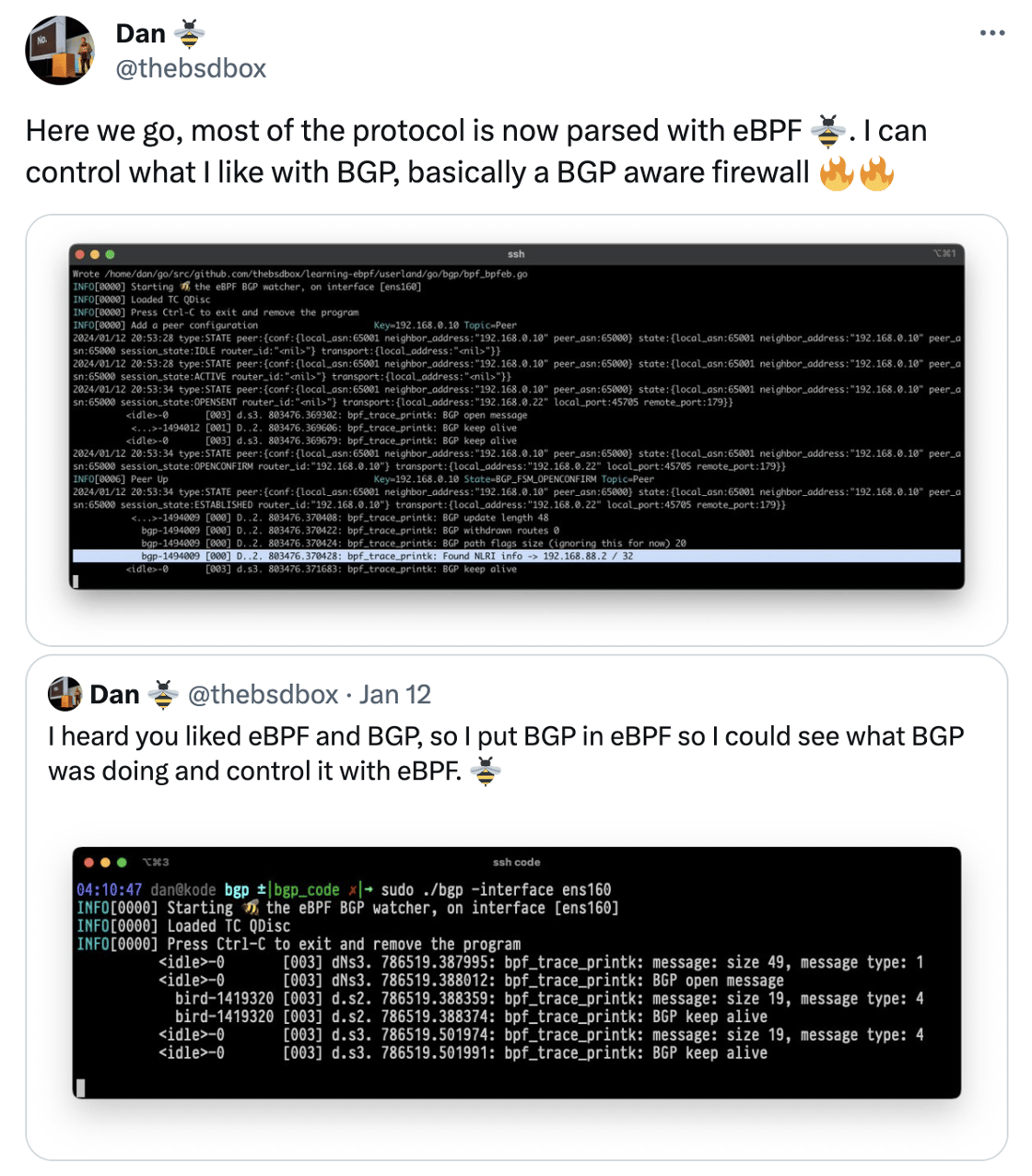tweet: Here we go, most of the protocol is now parsed with eBPF 🐝. I can control what I like with BGP, basically a BGP aware firewall 🔥🔥