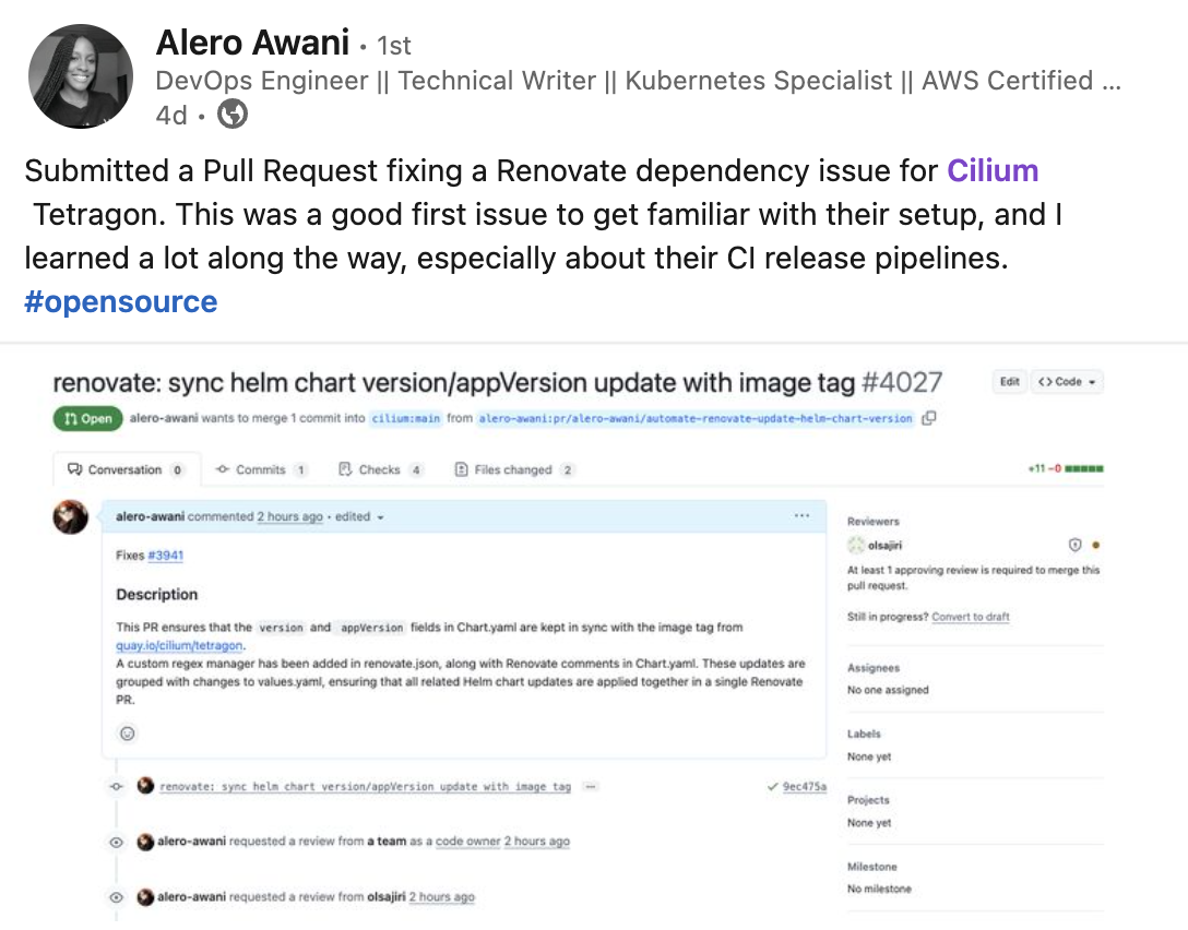 Submitted a Pull Request fixing a Renovate dependency issue for Cilium Tetragon. This was a good first issue to get familiar with their setup, and I learned a lot along the way, especially about their CI release pipelines. 