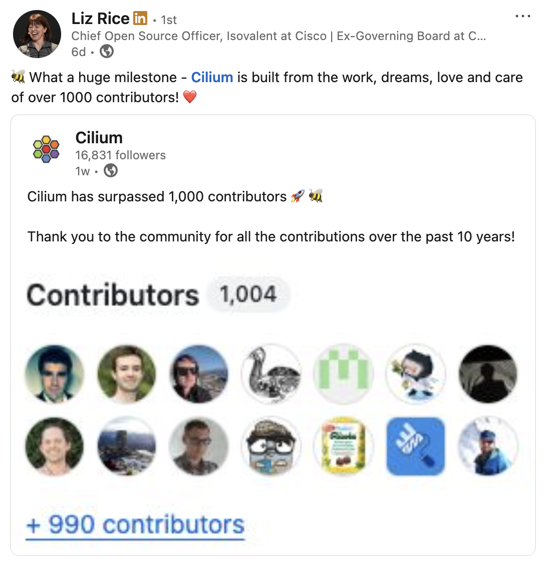 🐝 What a huge milestone - Cilium is built from the work, dreams, love and care of over 1000 contributors! ❤️