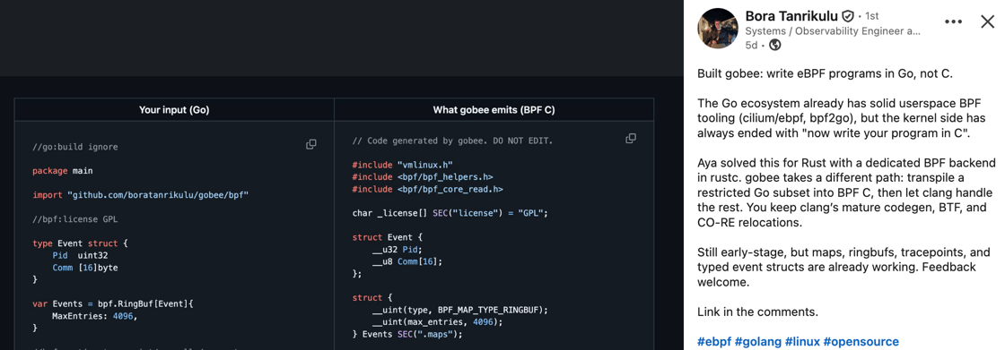 Built gobee: write eBPF programs in Go, not C.