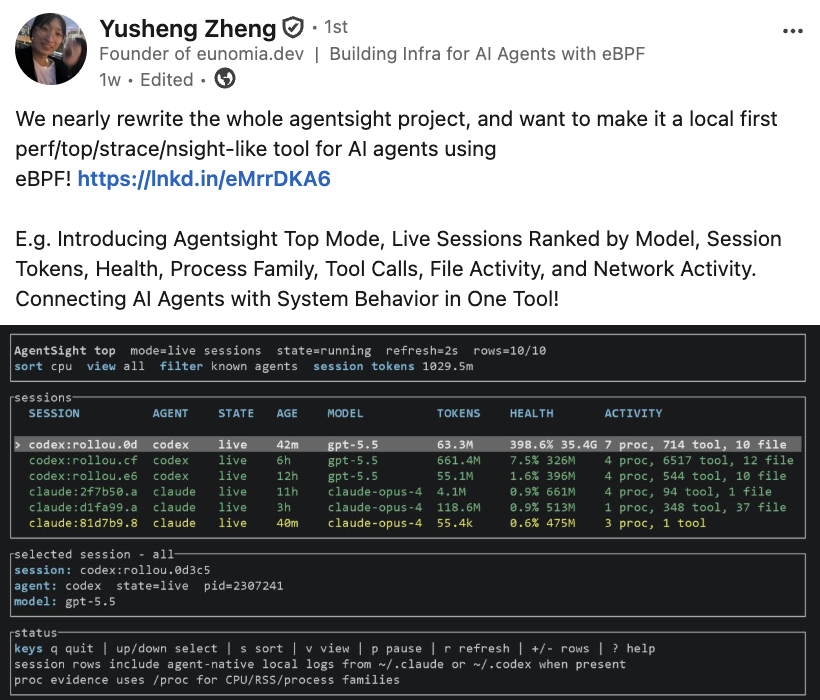We nearly rewrite the whole agentsight project, and want to make it a local first perf/top/strace/nsight-like tool for AI agents using eBPF! https://lnkd.in/eMrrDKA6